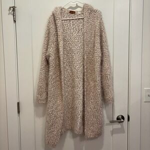 POL Beige White Popcorn Knit Long Hooded Cardigan Sweater Eyelash Fuzzy Duster